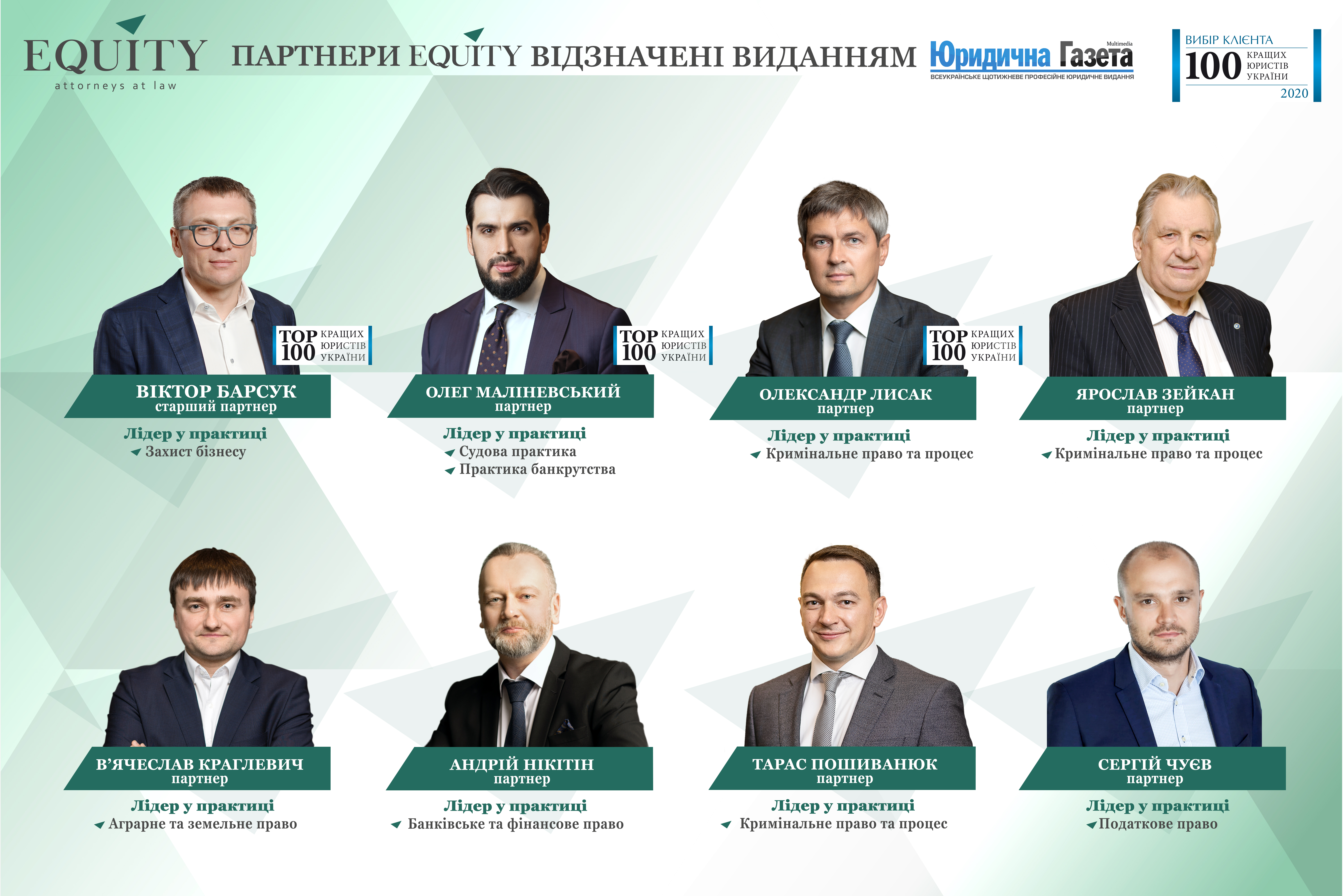 Всі 7 партнерів EQUITY у «ТОП-100 найкращих юристів України 2020» від Юридичної Газети!