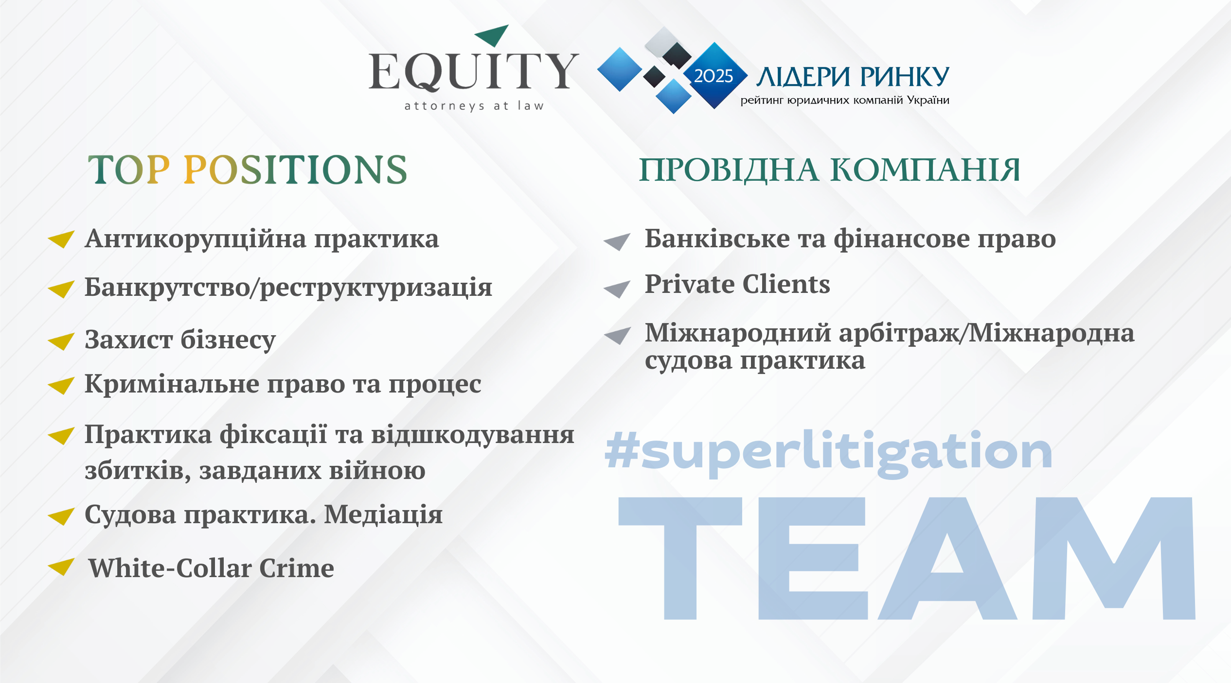 EQUITY серед лідерів юридичного ринку України за версією «Лідери ринку 2025»